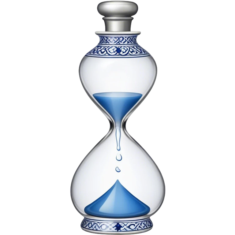 blue and white, intricate, porcelain, hourglass shaped tequila bottle with silver half circle top emoji