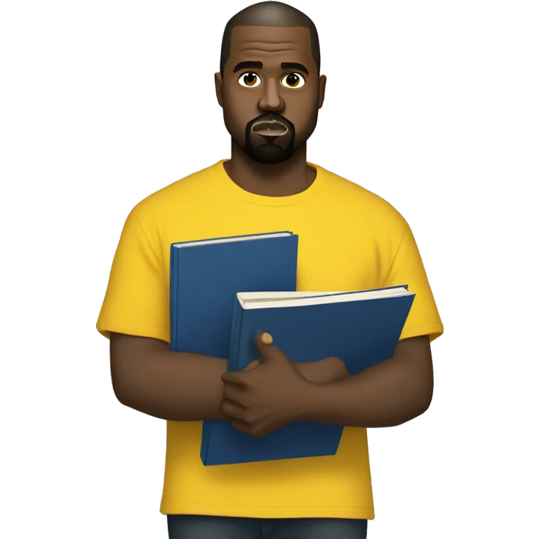 kanye west wearing a dark blue T-shirt, holding a big yellow notepad emoji