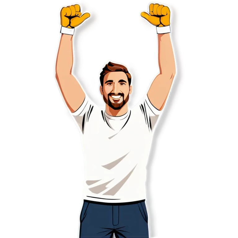 Man holding both arms in the air and holding an electrical cable emoji