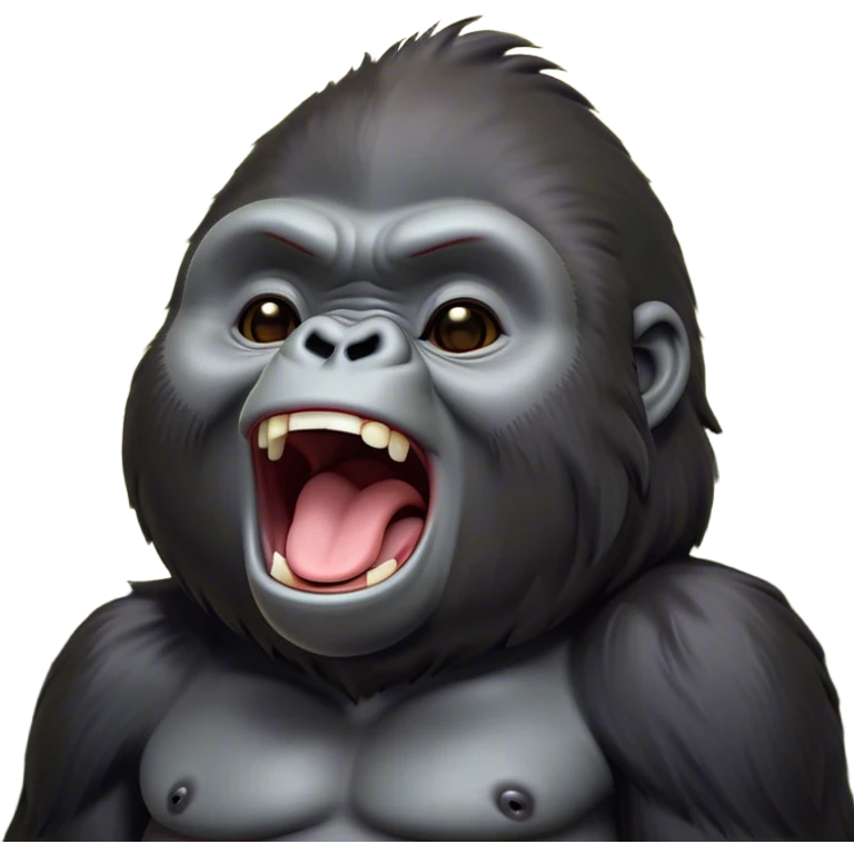 Cinematic Cute Yawning Gorilla Portrait Emoji, Head tilted slightly with a dramatic, wide-open yawn, showcasing a thick, velvety Fur with drowsy, half-closed eyes and a relaxed, open expression, Simplified yet irresistibly adorable features, highly detailed, glowing with a soft, cozy jungle glow, high shine, relaxed yet expressive, stylized with a dash of whimsical primate charm, soft glowing outline, capturing the essence of a drowsy yet affectionate guardian that appears ready to stretch out for a nap! emoji