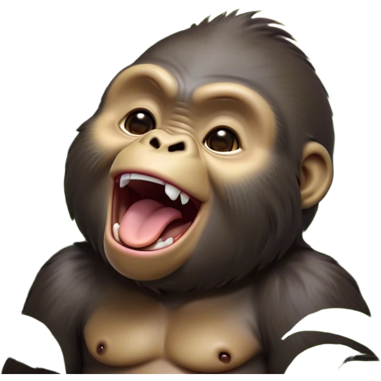 Cinematic Cute Yawning Gorilla Portrait Emoji, Head tilted slightly with a dramatic, wide-open yawn, showcasing a thick, velvety Fur with drowsy, half-closed eyes and a relaxed, open expression, Simplified yet irresistibly adorable features, highly detailed, glowing with a soft, cozy jungle glow, high shine, relaxed yet expressive, stylized with a dash of whimsical primate charm, soft glowing outline, capturing the essence of a drowsy yet affectionate guardian that appears ready to stretch out for a nap! emoji