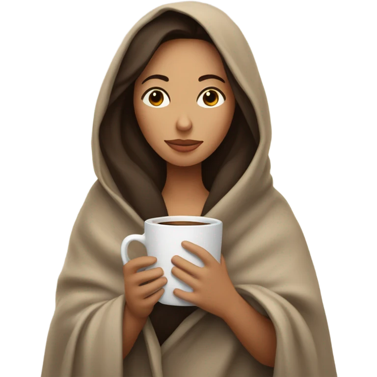 Brunette girl inside a blanket sipping coffee eyes closed emoji