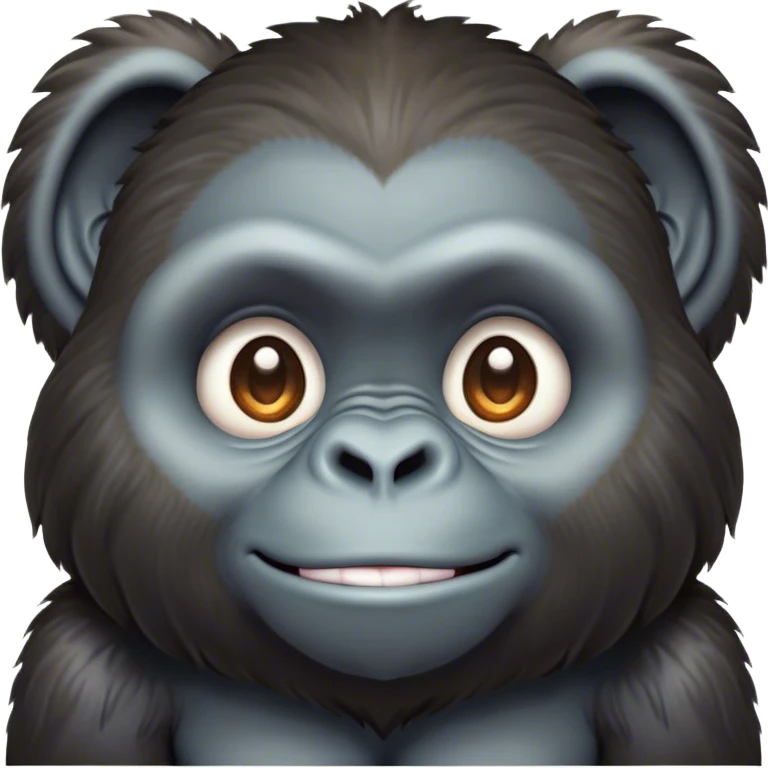 Cinematic Cute Gorilla Portrait Emoji, Head tilted playfully and inquisitively, with a robust, endearingly soft face accented by tender fur and round, sparkling eyes full of warmth, Simplified yet irresistibly adorable features, highly detailed, glowing with a warm, friendly jungle glow, high shine, affectionate and lively, stylized with a touch of whimsical charm, soft glowing outline, capturing the essence of a mischievous yet loving gorilla that feels like it could lumber out of the screen into your arms! emoji