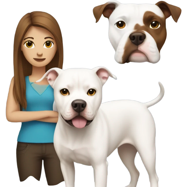 white woman with straight long brown hair standing alongside a white pitbull emoji