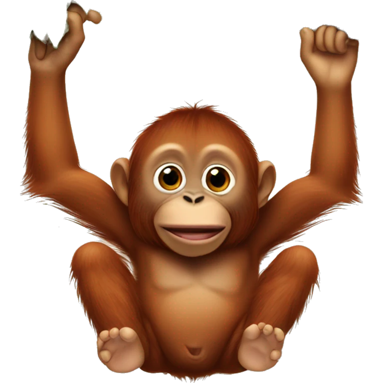 Baby orangutan hanging from a vertical tree branch one hand over his mouth emoji