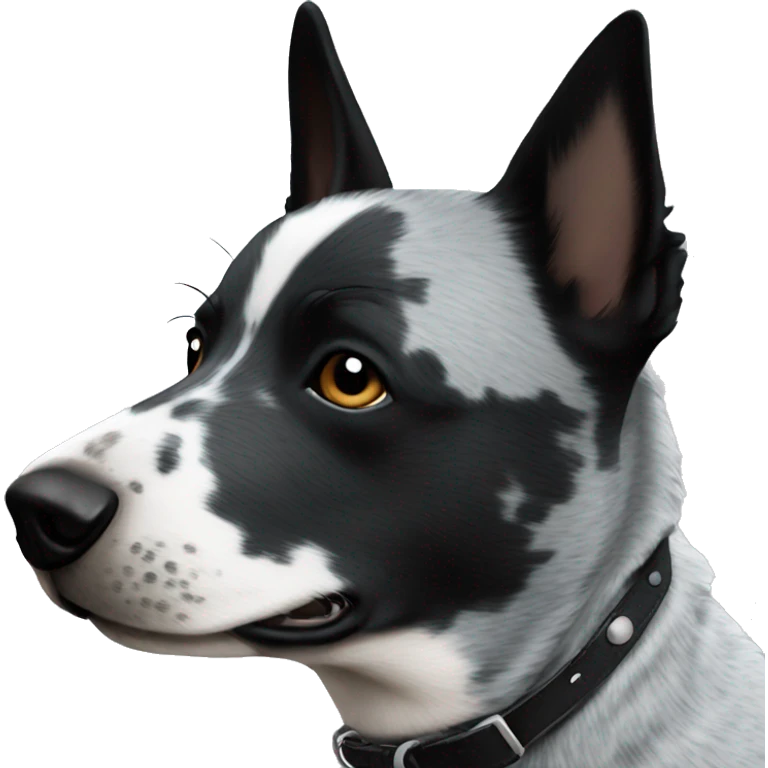 Blue heeler that is black and gray with black and white face emoji