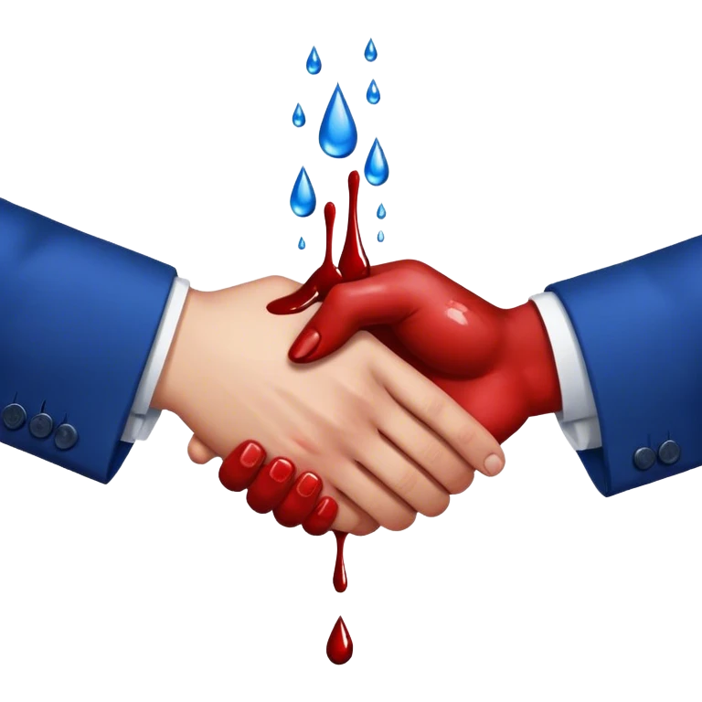 handshake, hands in blue suits, blood on one of the hands, drops emoji