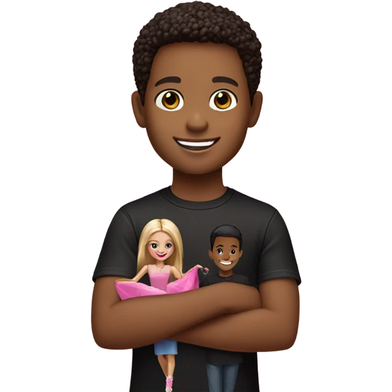 smiling boy in black shirt holding Barbie  emoji