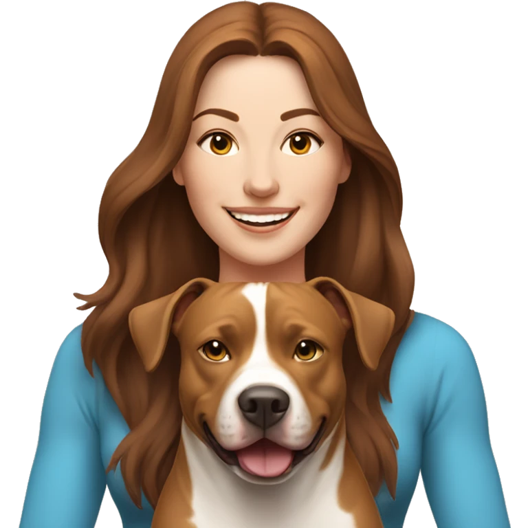 white woman with long brown hair expressing joy dressed in a yoga outfit alongside a pitbull dog emoji