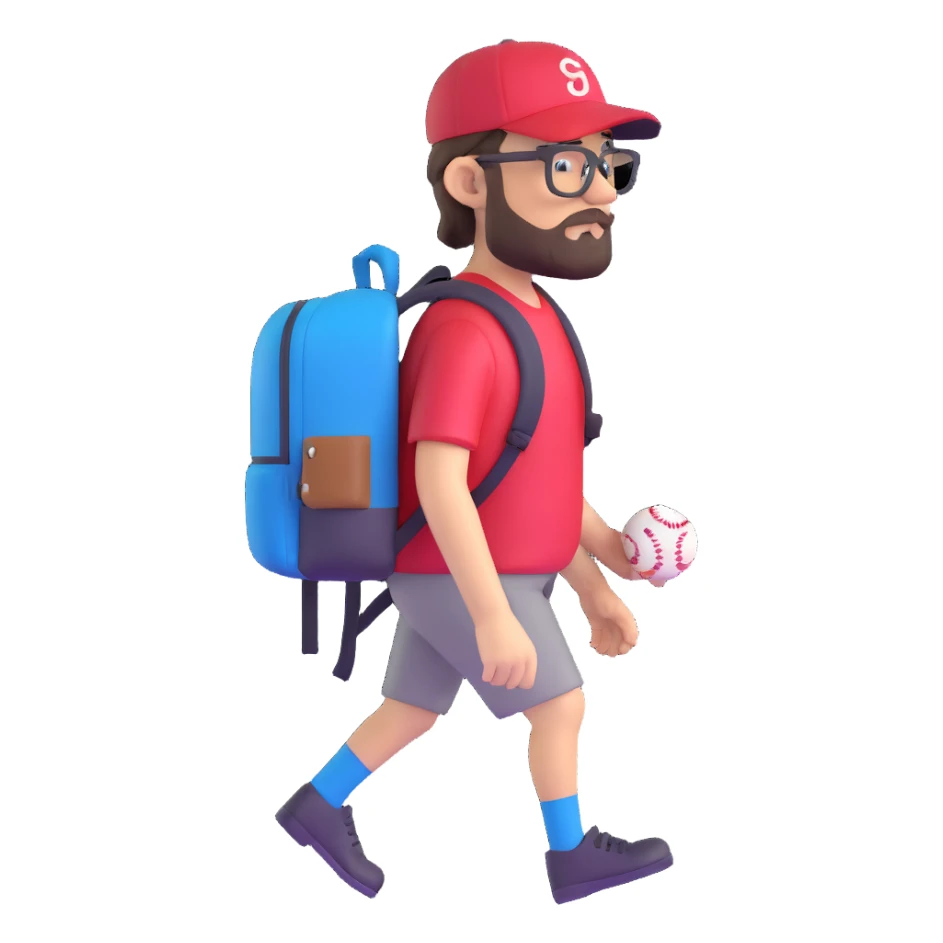 adventurer with backpack, small beard, glasses and backwards baseball cap sticker