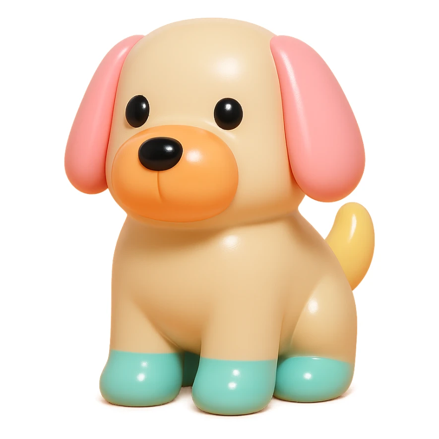               Transform {subject} into a soft vinyl figure with a smooth, glossy surface. The material should look slightly rubbery and tactile, with minimalistic curves and a matte-gloss hybrid finish. Use pastel or soft solid colors. The surface is seamless, with no visible textures or roughness. Studio lighting, vibrant background, clean, playful, designer toy aesthetic and no shadows. {subject} = dog sticker