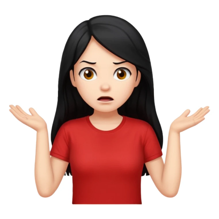빨간색 티셔츠를 입고 긴 검정머리를 가진 여성이 모르겠다는 듯이 어깨를 올리는 제스처를 하고있음 🤷🏻‍♀️ sticker