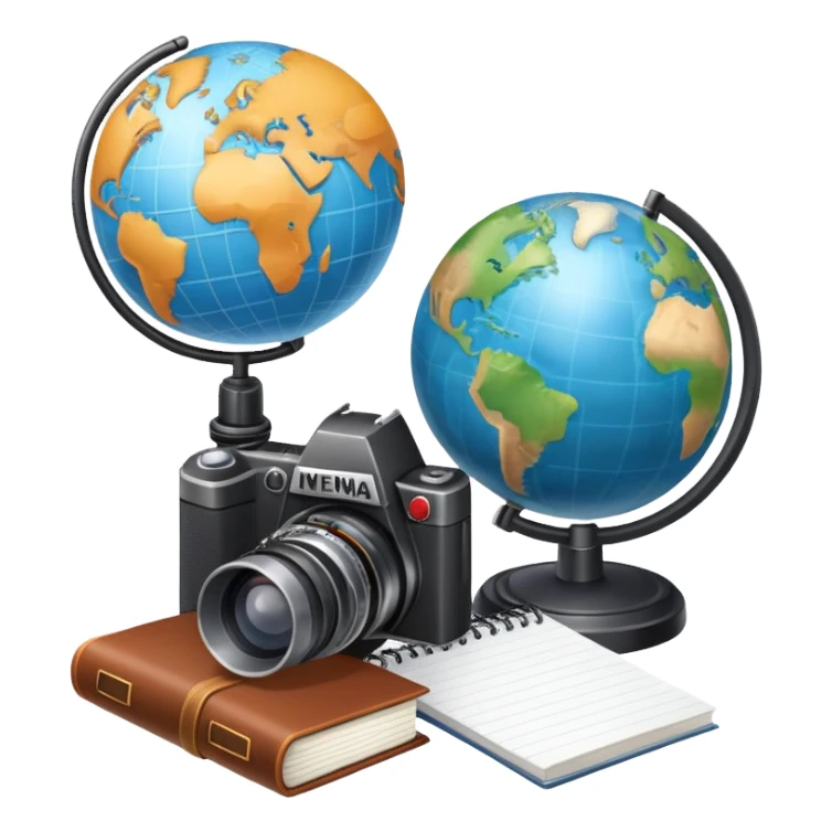 An icon showing a microphone, a notepad, and a camera, symbolizing journalism. The design includes a globe in the background, representing global news, and a breaking news banner for emphasis. Transparent background highlights the dynamic world of media and reporting. sticker