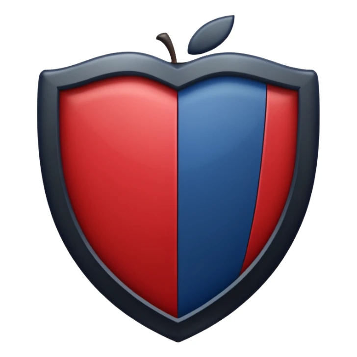 shield divided in half, one side dark red and the other side dark blue, separated by a vertical black line in the center, Apple emoji style, no text sticker