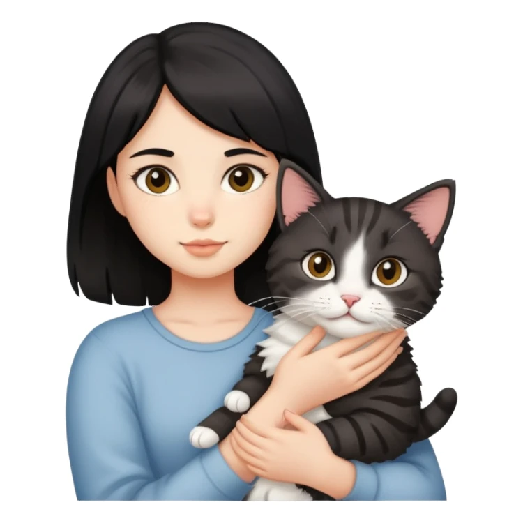 Medium-length black-haired girl holding a haired tabby cat sticker