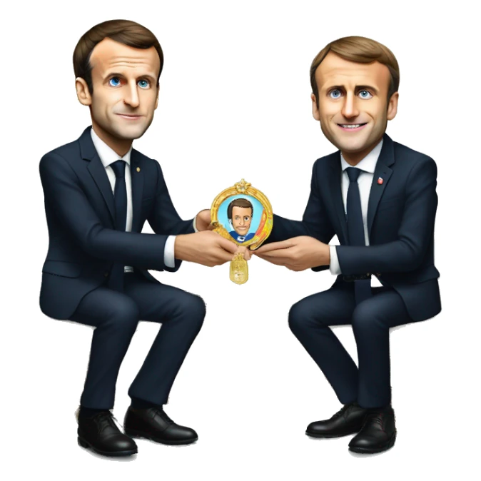 Emmanuel Macron gives a medal to Macron sticker