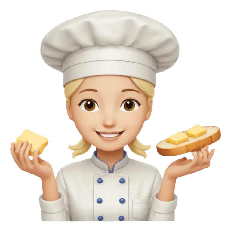 Young female baker - white chef hat, spreading butter on bread sticker