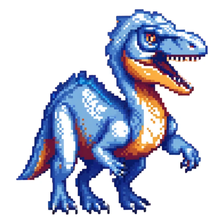 A bright blue velociraptor dinosaur with sharp teeth and claws sticker