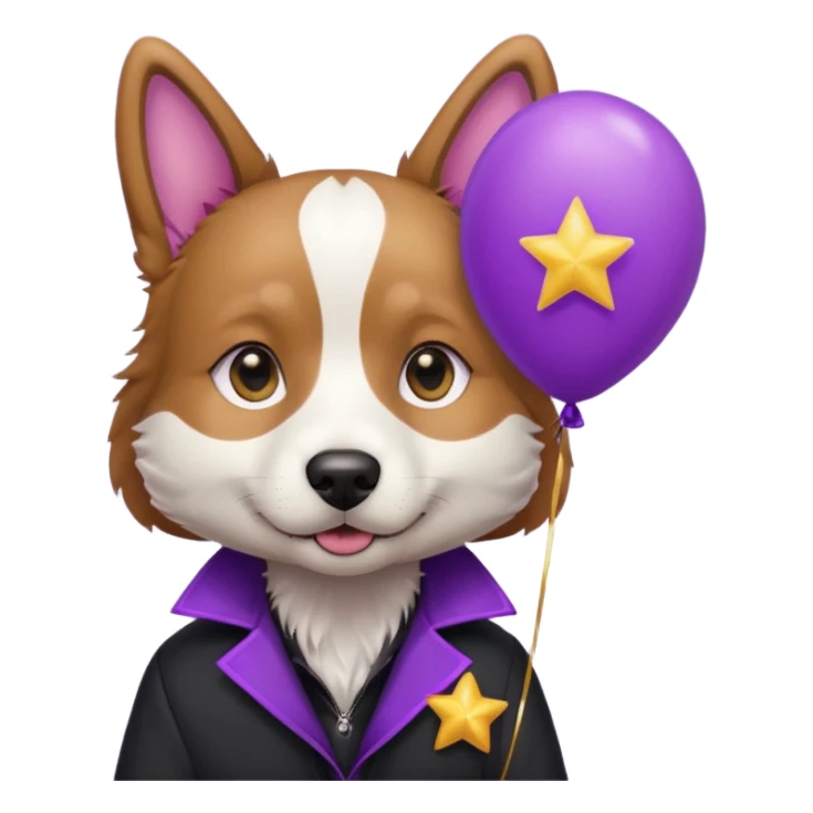 Dog hold purple star shape balloon, black jacket sticker