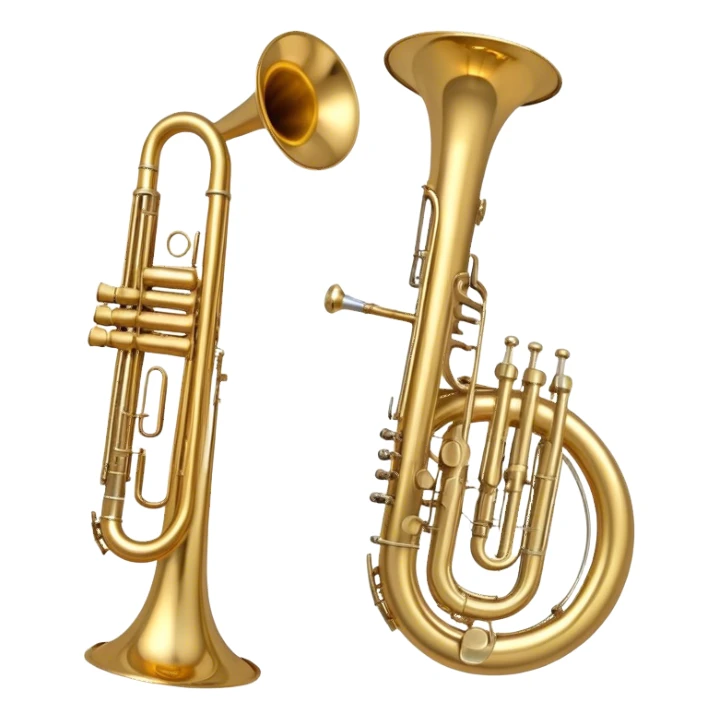 Create a simple and symbolic emoji collage representing wind instruments. Include a variety of iconic elements like the bell of a trumpet, the mouthpiece of a saxophone, and a subtle outline of a trombone. Arrange the elements in a dynamic and balanced way. Use warm metallic tones like gold, brass, and silver for the instruments, with a clean and minimalist design. The background should be transparent, focusing on the shapes and silhouettes of the instruments to convey their essence without excessive detail. sticker