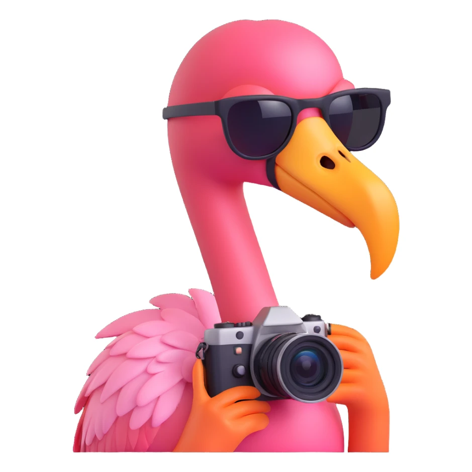flamingo with sunglasses with a camera around its neck sticker