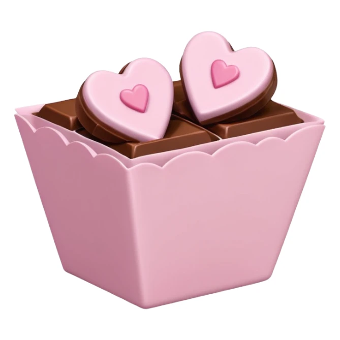 Two square milk chocolate , Each praline is a sharp-edged cube with smooth glossy chocolate coating, placed in a small white fluted paper candy cup. On top of each cube is a flat pastel pink heart-shaped icing sticker