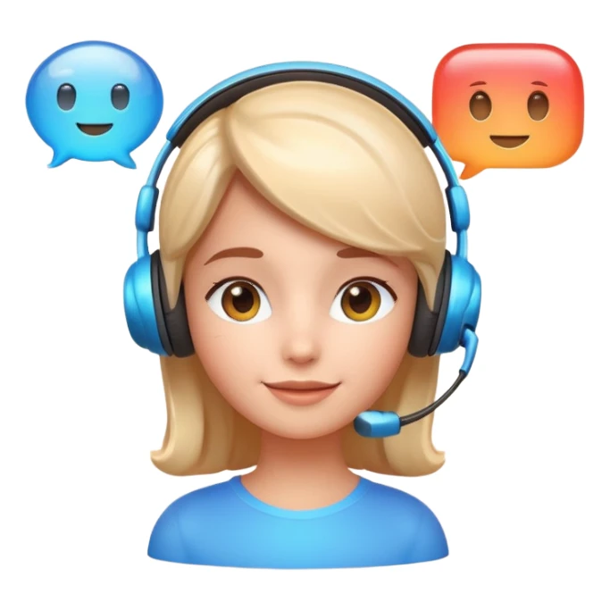 friendly face with headset, chat bubble beside, 3D rounded look, glossy finish, soft shadow, helpful expression, Apple lighting and gradients sticker