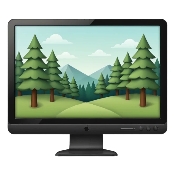Minimalistic flat vector icon, iOS style, thin black contour on white background. Computer monitor with a simple forest scene on the screen (trees, minimal landscape). Clean, no text, no shadows sticker
