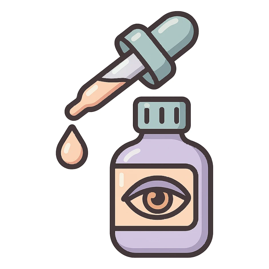 eye drops with pipette dropping a drop, vector look with shadows and highlights, detailed shading, thin clean outlines, soft rounded features, pastel palette #98B5BC #B5B3C1 #C9A3C9 #E4C0CA #F7DCD1 #F7C0AA, Japanese pop art, sticker look, highly detailed, transparent background sticker