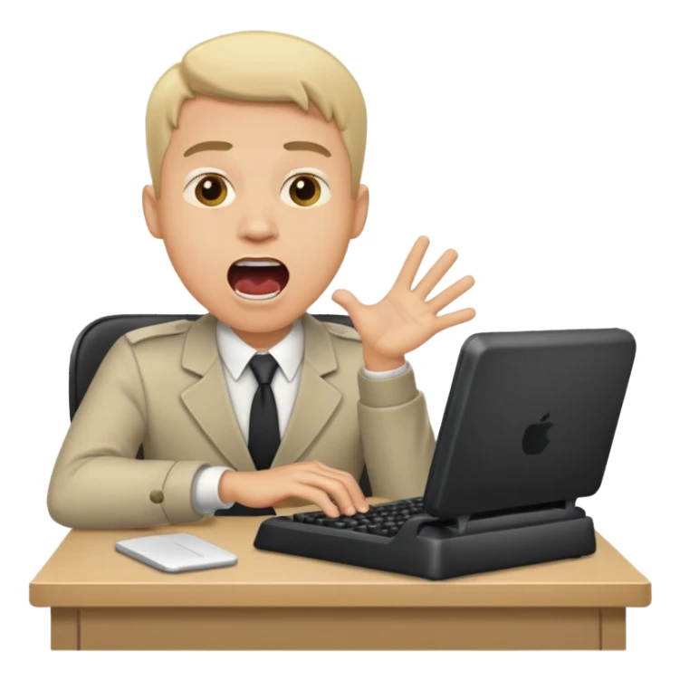 man at desk, mouth open shouting, typing fast sticker