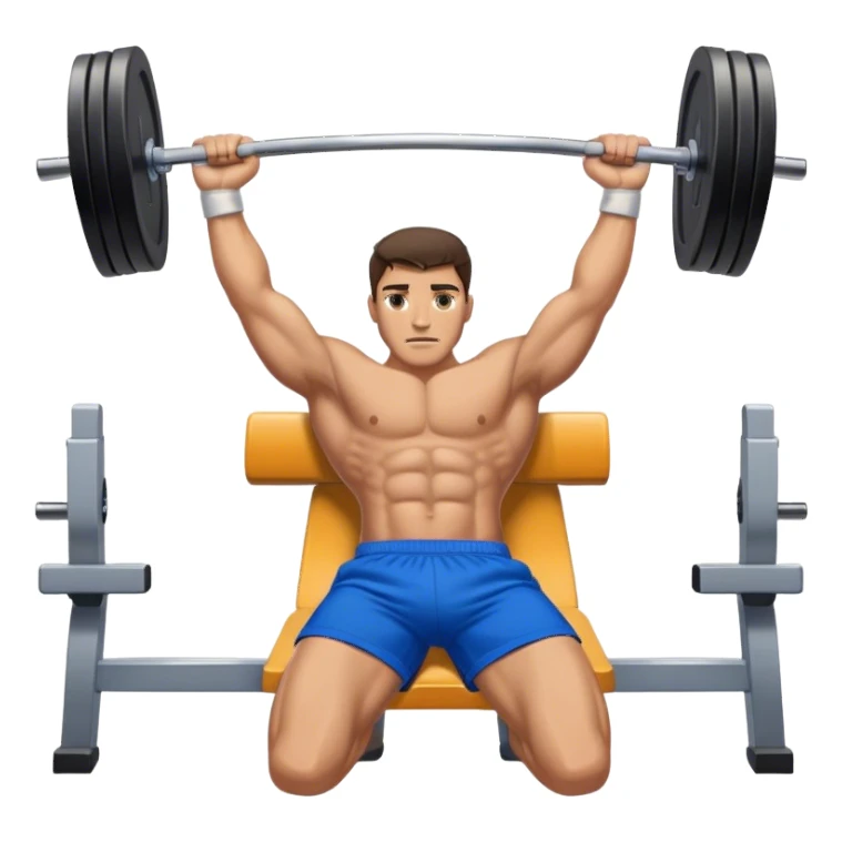 brunette buff man with blue shorts lying down benchpress sticker