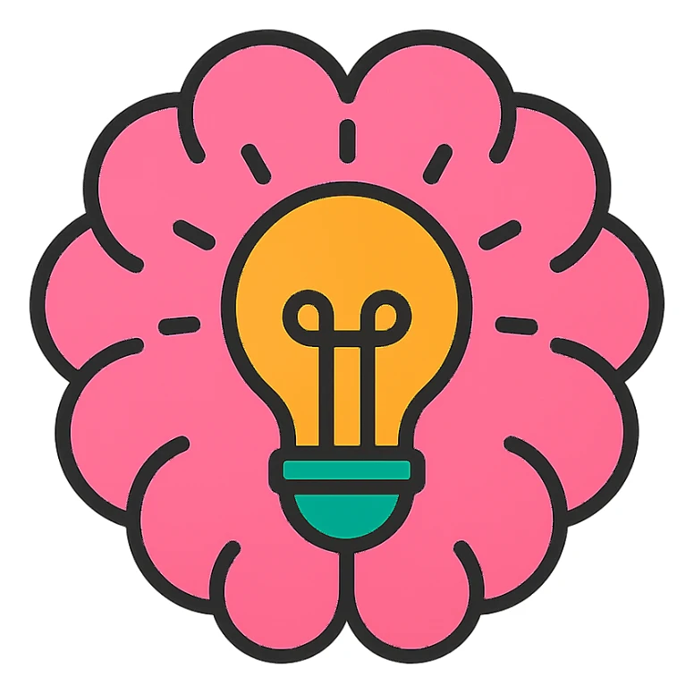 a brain with a lightbulb inside, symbolizing logical thinking, minimal icon style sticker