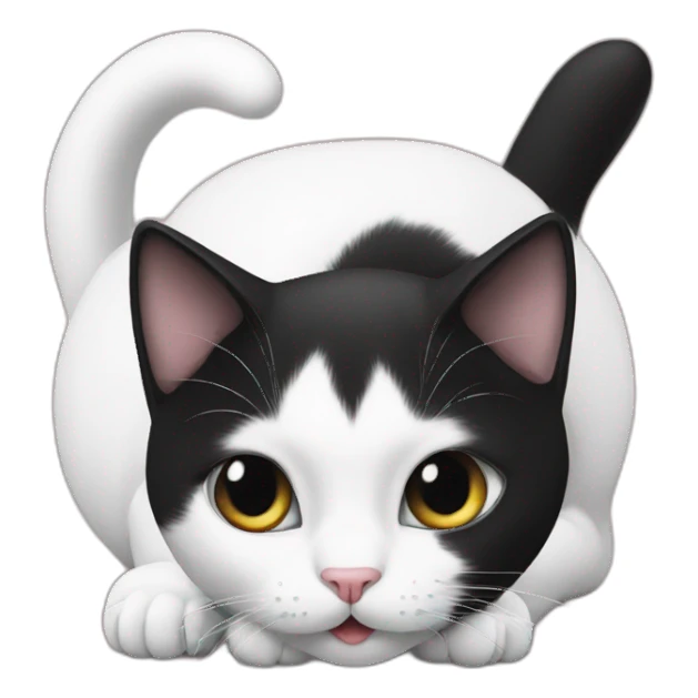 A white cat is licking a black cat sticker