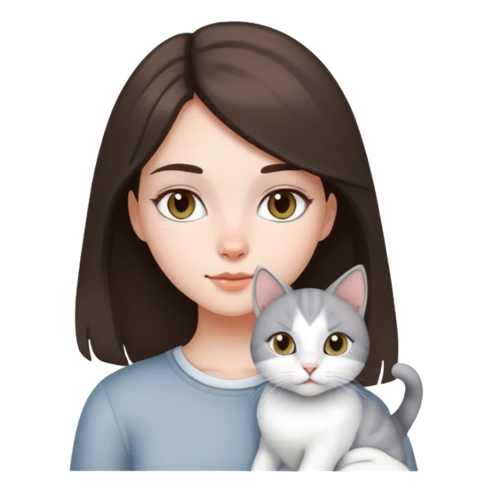 Brunette girl with a withe y grey cat  sticker