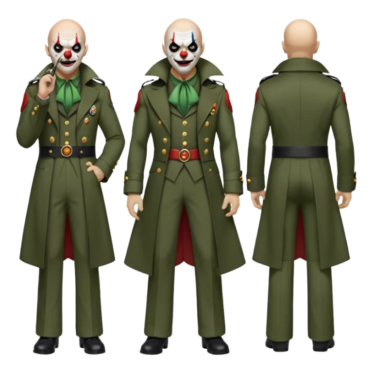 evil clown, bald, small black horns on forehead, fangs, pointed ears, eye patch over one eye, long coat over black and military green leisure suit with bellbottom pants, tail, holding a different style of whip, realistically proportioned, less bulky, full body, battle-ready, fighting posture sticker