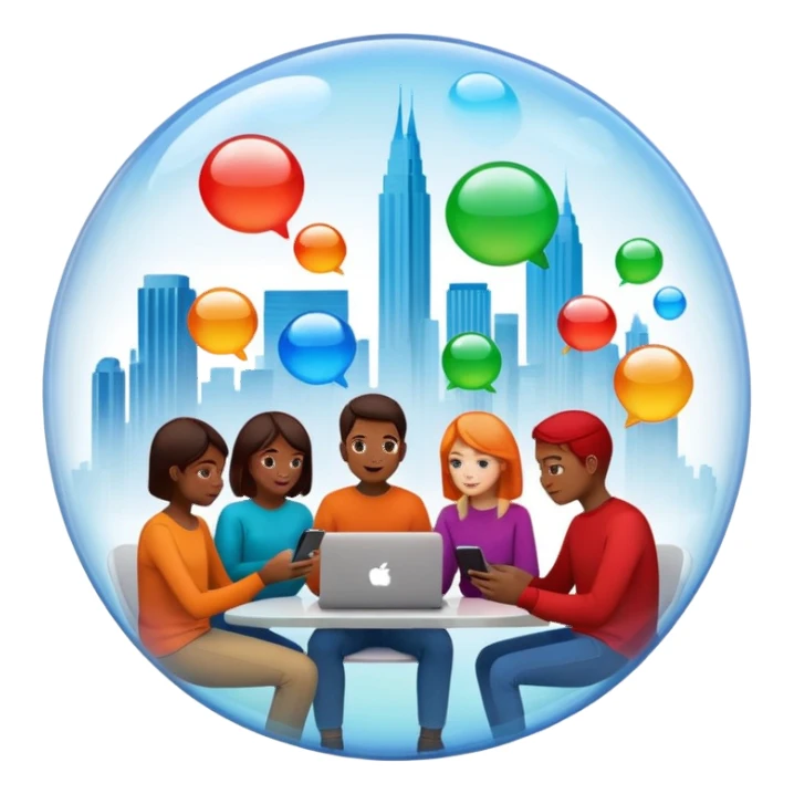 Multiple people inside colorful transparent bubbles, each using a smartphone or laptop. The bubbles are blue, red, orange, and green, with a minimalist cityscape in the background. Realistic emoji style. sticker