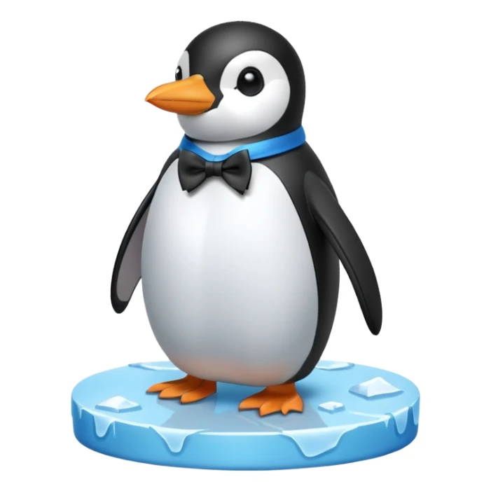 penguin, blue bow tie, standing on small ice melting block sticker