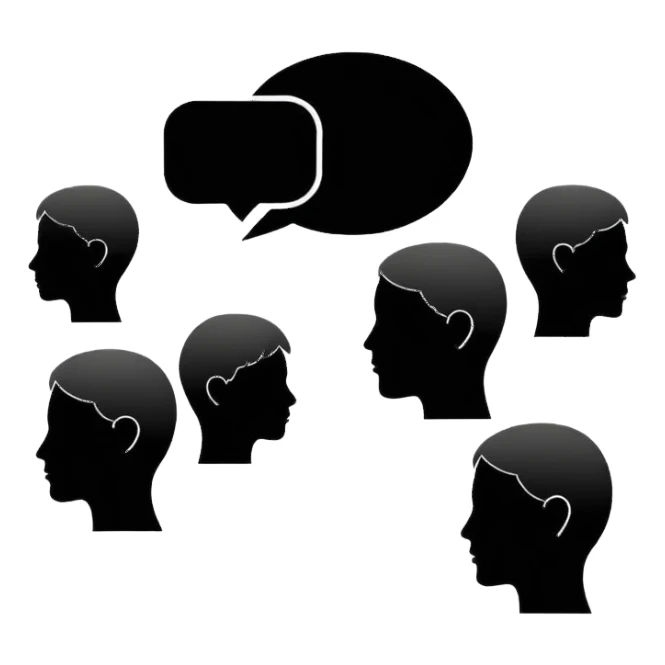 Minimalistic flat vector icon, iOS style, thin black contour on white background. Human head with speech bubble and small group of people silhouettes listening. Clean, no text, no shadows sticker