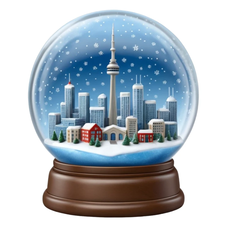 A Tiny beautiful hyperrealistic Glass Snow globe, with a miniature Toronto City,  showing the CN tower, skydome, highways and lake within the global, full of snow, expressing  a snow storm in ontario.  Isolated, 3D render  sticker