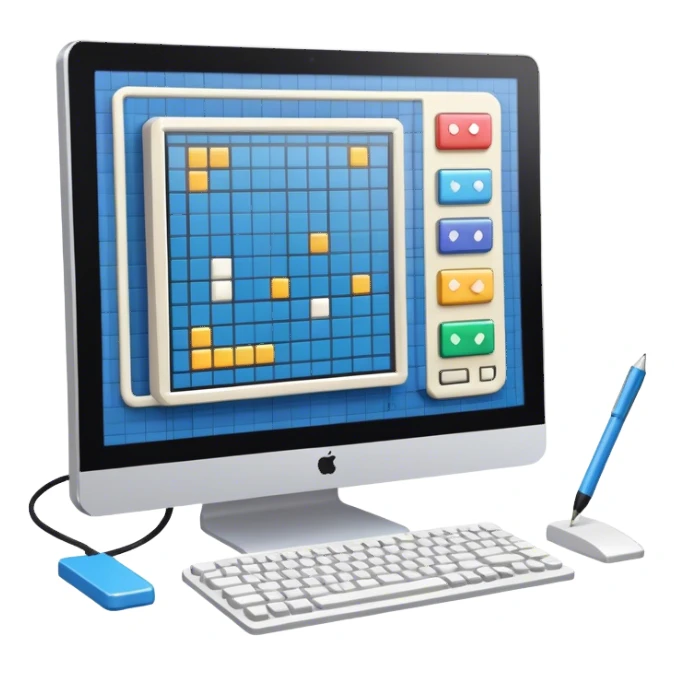 Emoji for Game Design: computer screen with Professional game development interface, 3D models, pixel art and design tools like grid, wireframe, and stylus. Symbolizes the technical and creative process of game development. Transparent background. sticker