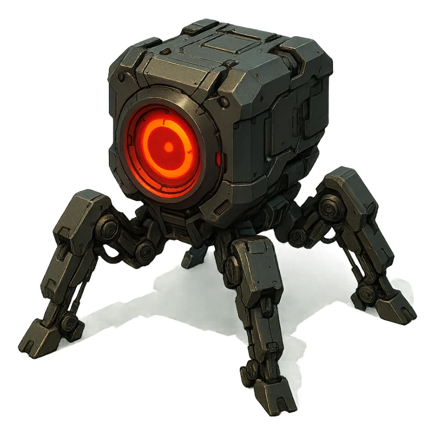 sci-fi control device with four mechanical legs and a bright red glowing circle in the middle, futuristic style sticker