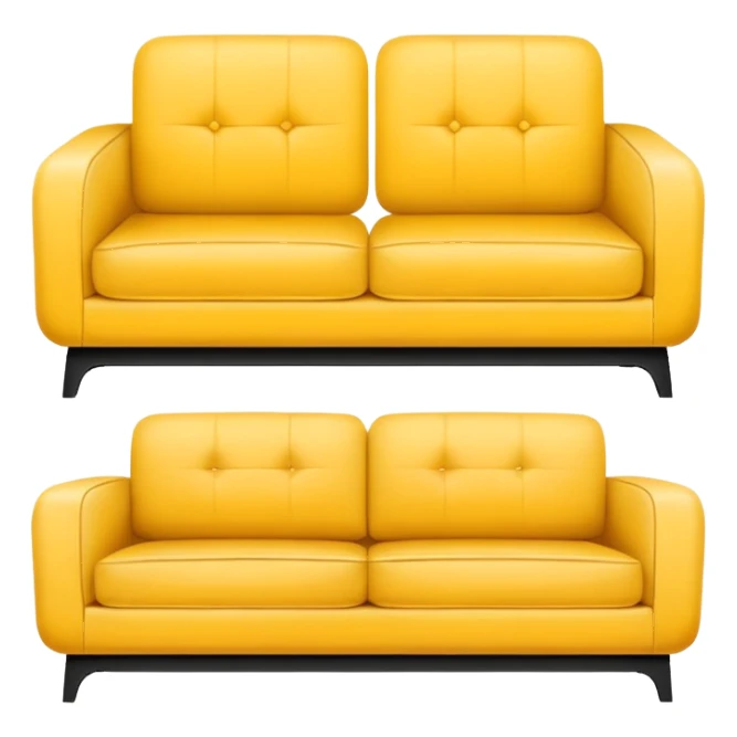 Minimalistic flat vector icon, iOS style, thin black contour on white background. Yellow sofa divided into two halves: one side old, shabby and worn out, the other side new and modern. Clean, no text, no shadows sticker