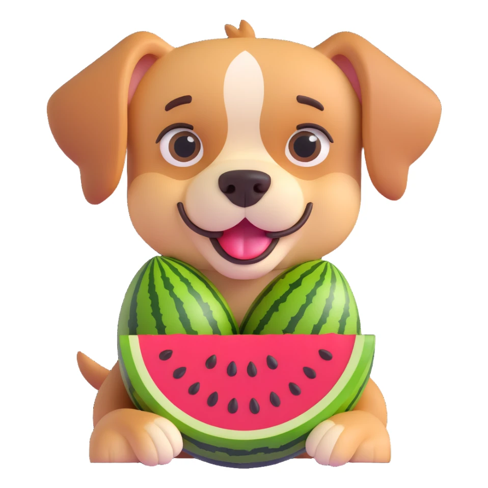 dog with brown eyebrows holding a watermelon sticker