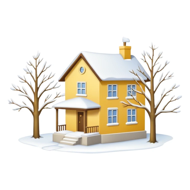 Yellow-white house. A small tree. Winter sticker