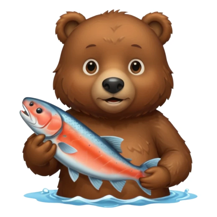 A brown bear holding a salmon sticker