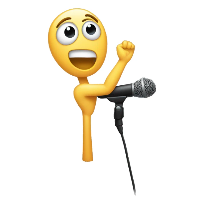 person with one arm extended, beneath a microphone sticker