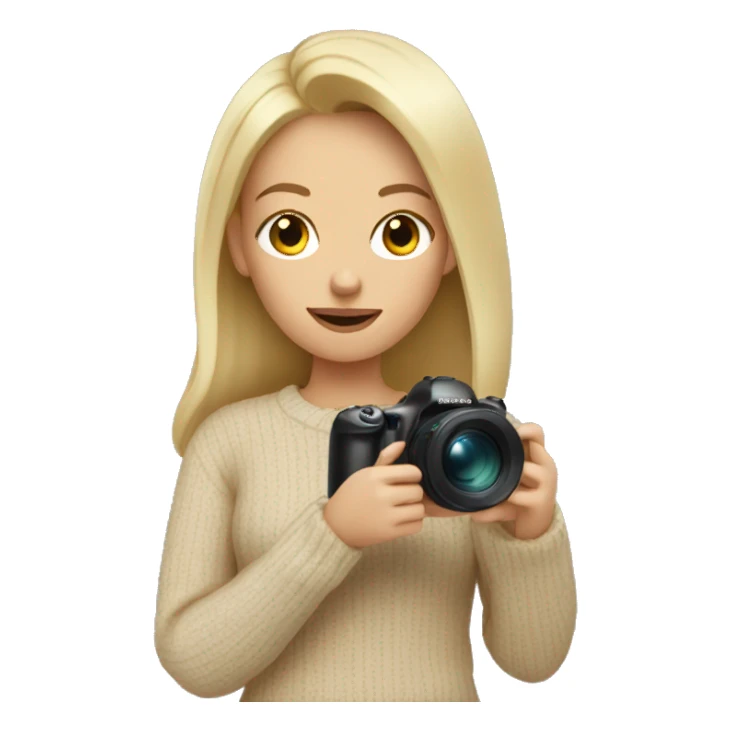 blonde in beige sweater holding camera sticker