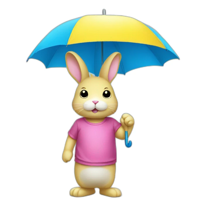 Pink rabbit wearing yellow tee shirt holding blue umbrella sticker