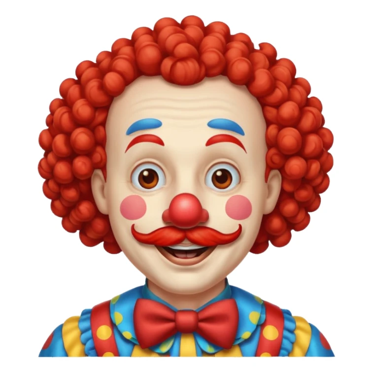 Classic clown — curly mustache, red nose sticker