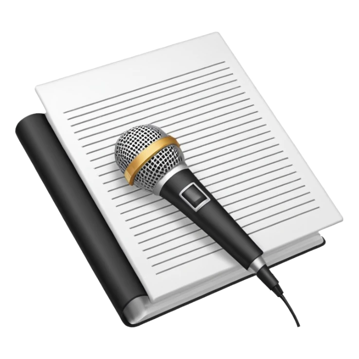 minimalist oconography design: white document with a folded top-right corner and horizontal lines, outlined in a brick pattern. At the top center of the document is an icon indicating ai. In front of the document a microphone icon sticker